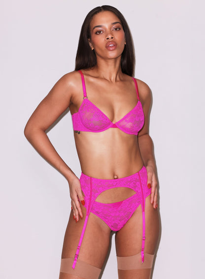 Fleur du Mal Wild Pink Le Stretch Lace Garter Belt
