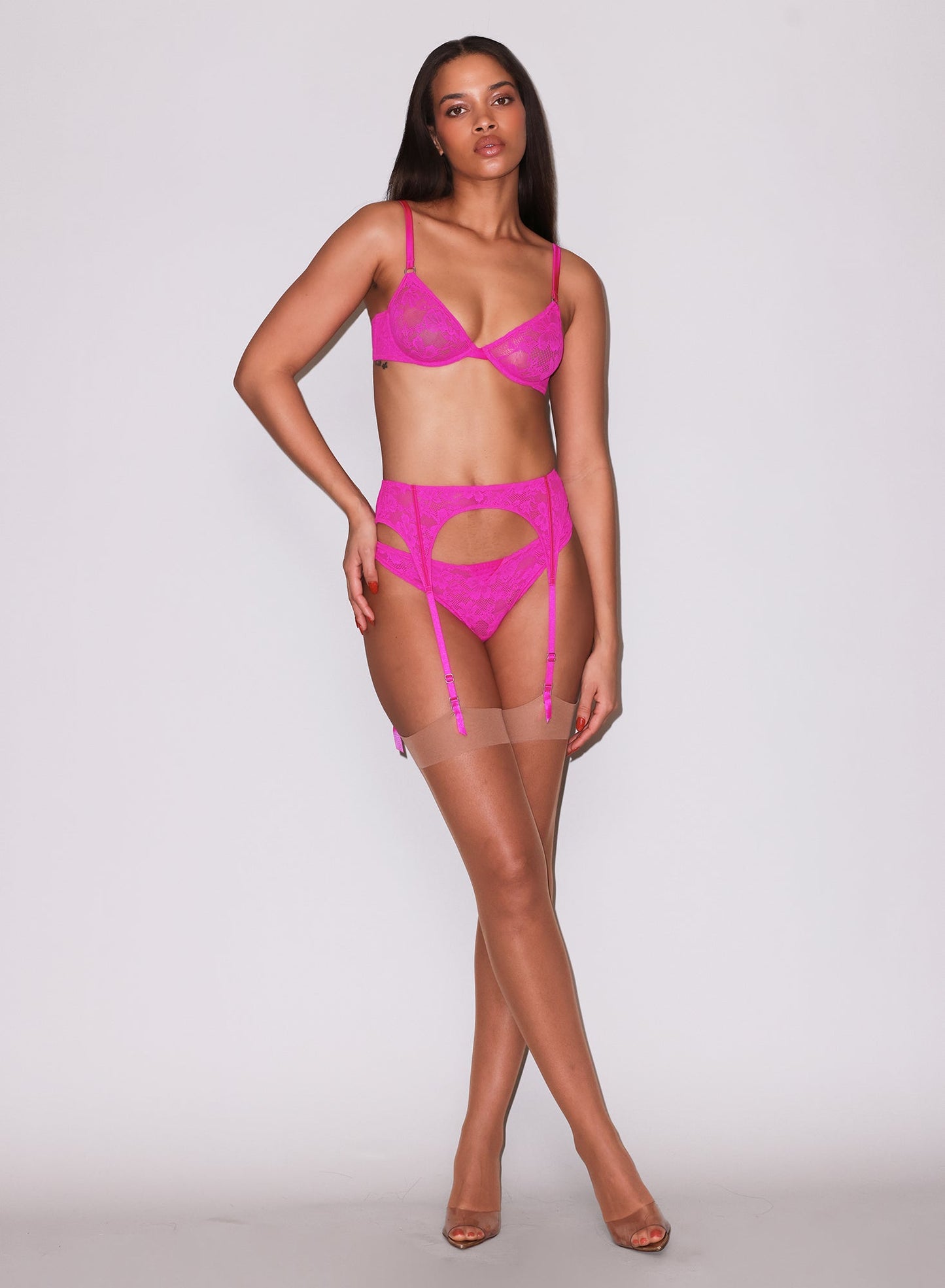 Fleur du Mal Wild Pink Le Stretch Lace Garter Belt