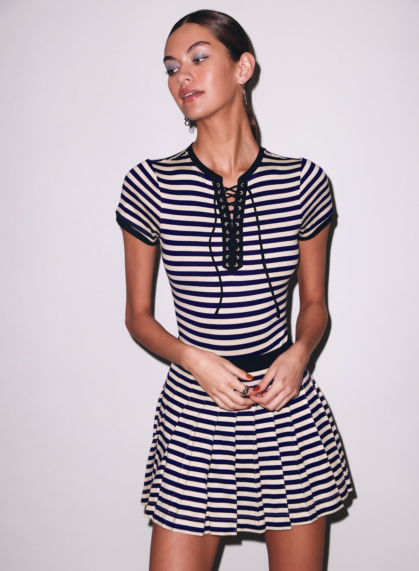 Fleur du Mal Navy Sand Stripe Ivy Pleated Skirt