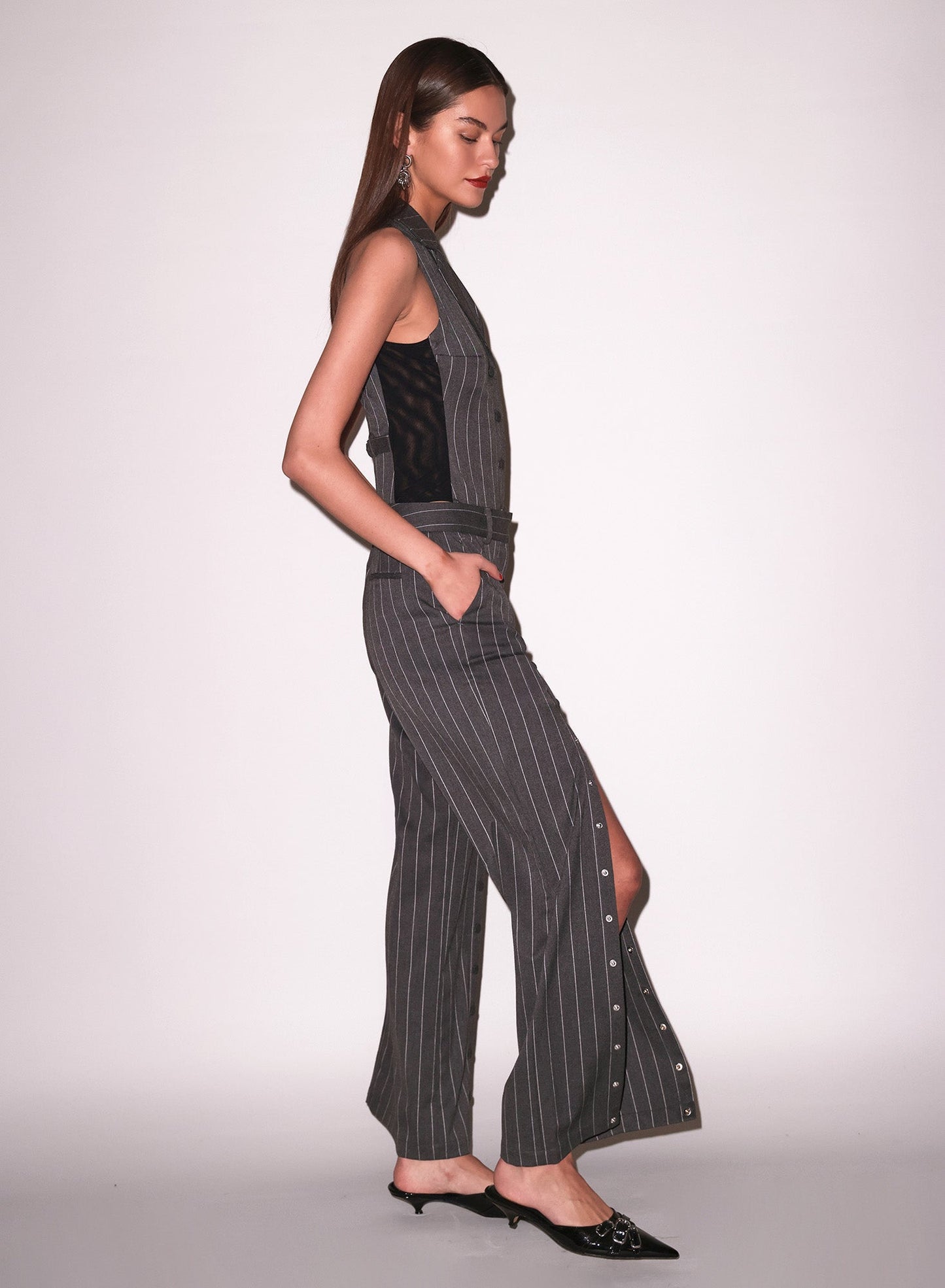 Fleur du Mal Dark Grey Pinstripe Maxwell Vest Bodysuit